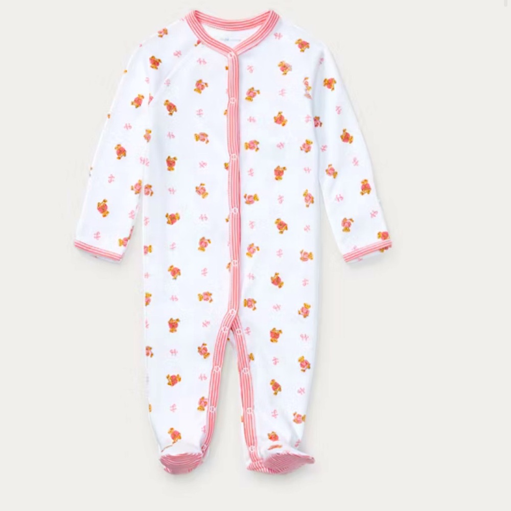Ralph Lauren White Footie One-Piece with Pink Trim and Floral Print